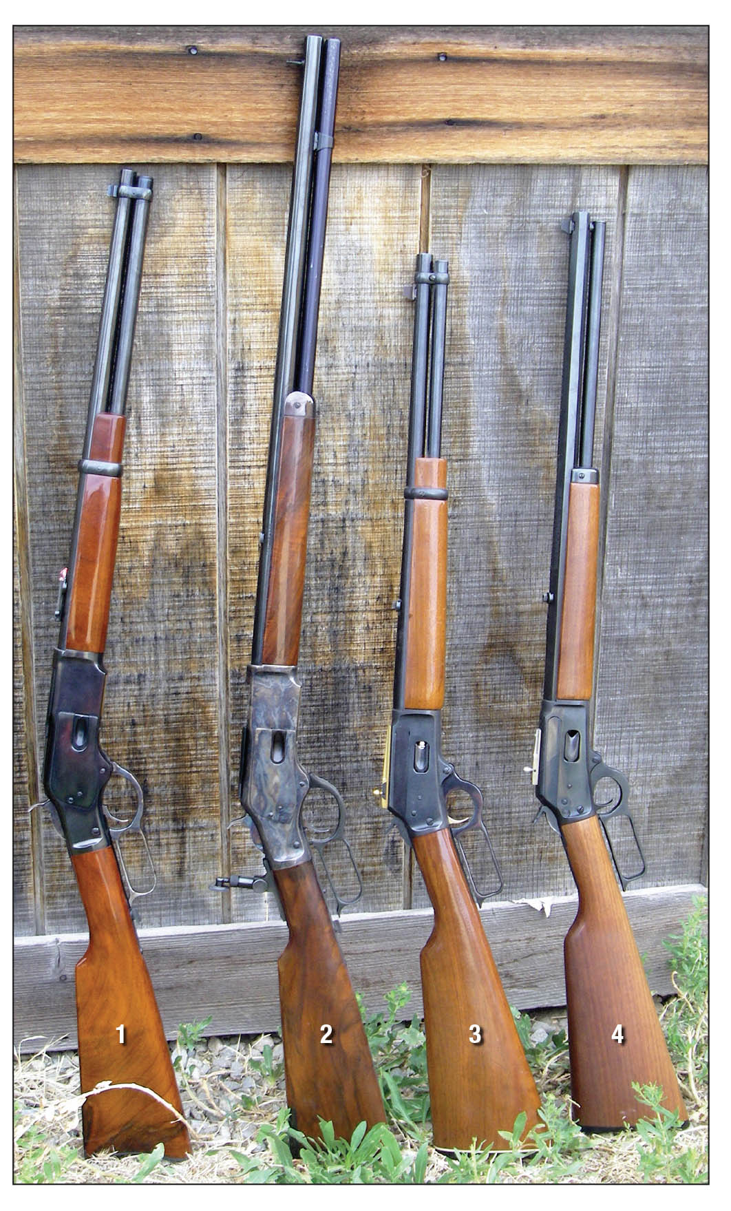 These lever-action rifles were very popular: (1) Uberti 1873 .357 Magnum, (2) Cimarron 1873 Carbine .45 Colt, (3) Marlin 1894 carbine .357 Magnum, (4) Marlin 1894 Cowboy .45 Colt.